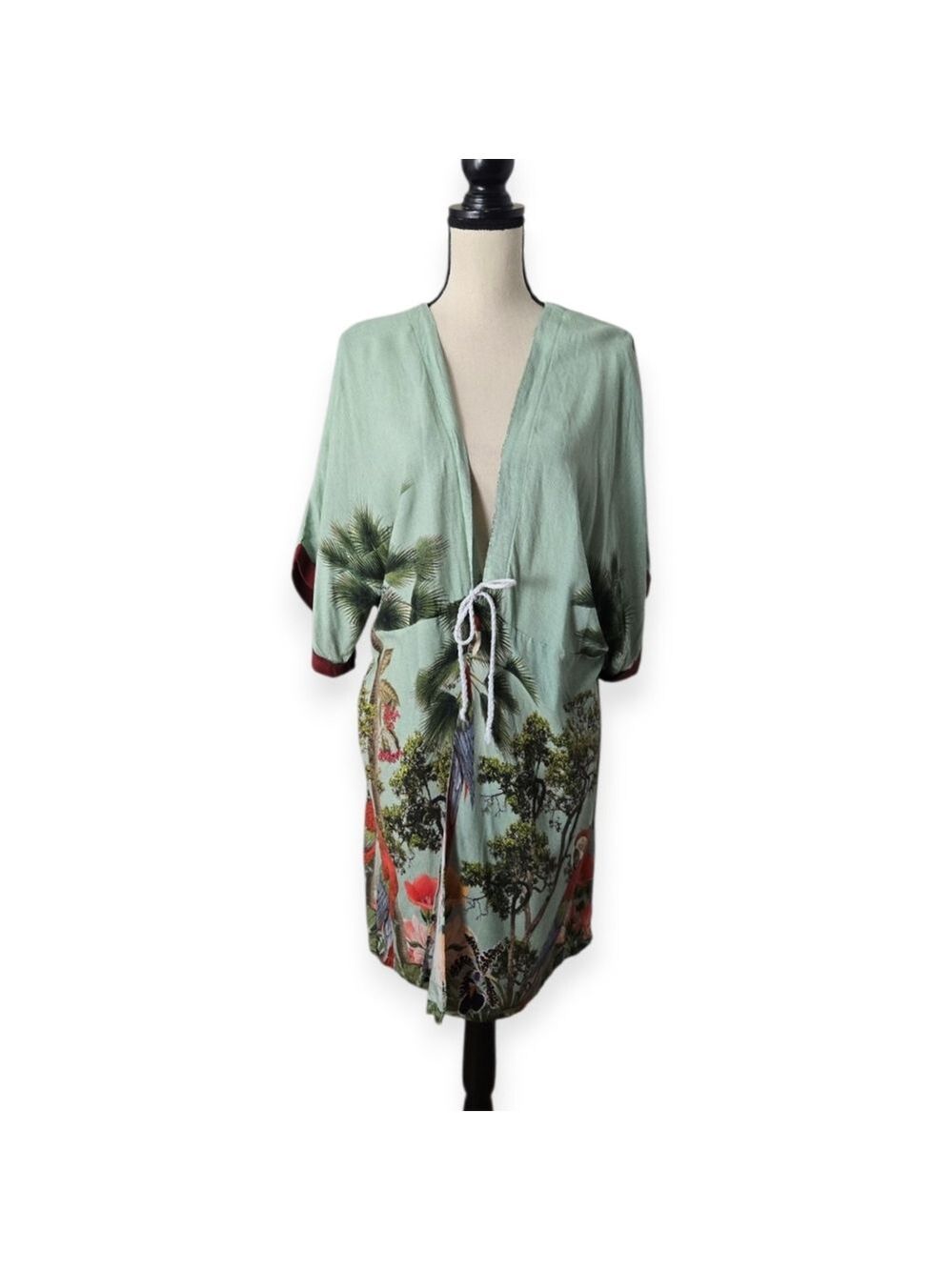 Vintage MOB Green Tropical Print Tie Front Kimono Robe M